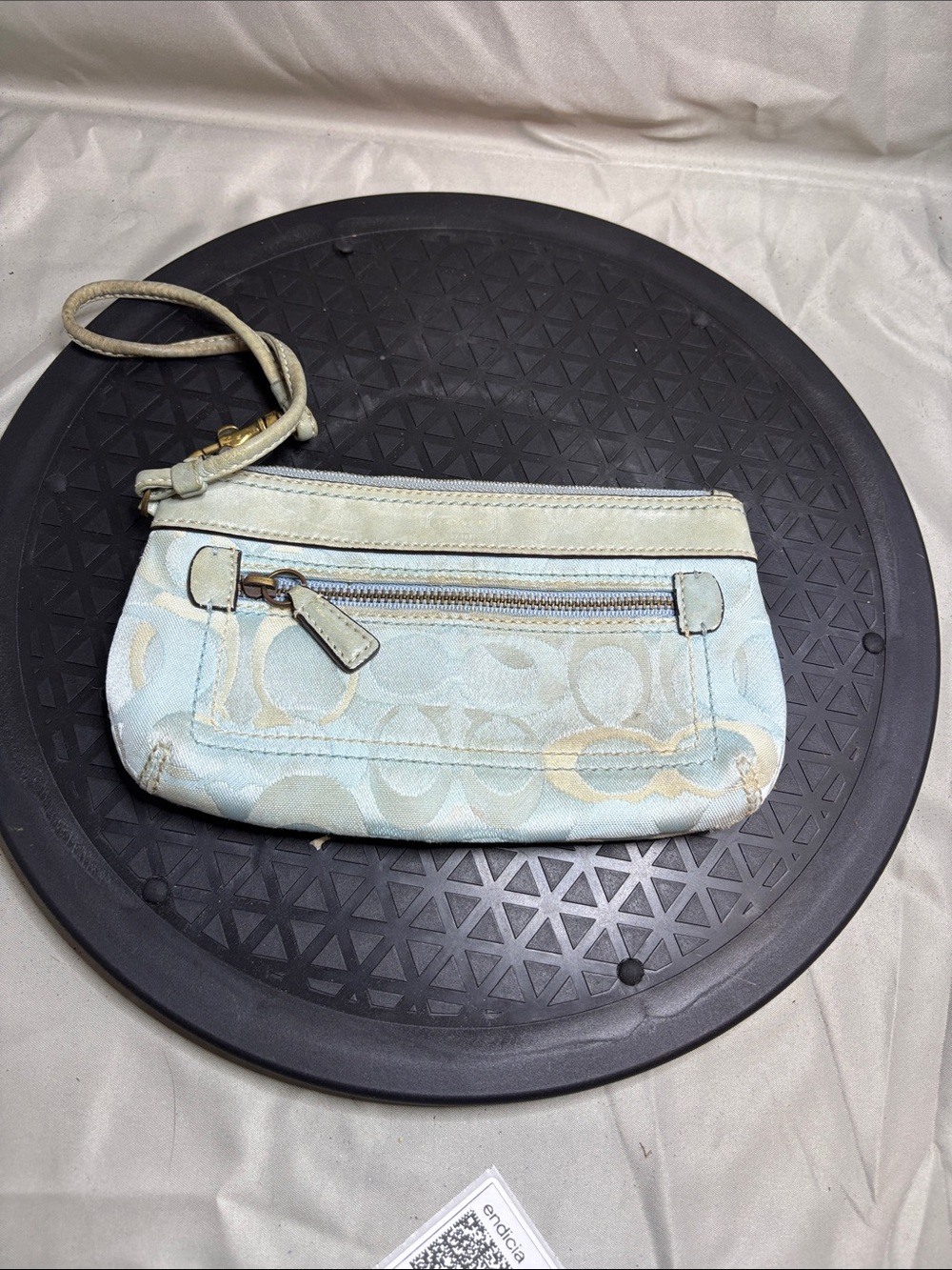 Coach Light Blue Signature Wristlet Clutch with Gold Accents